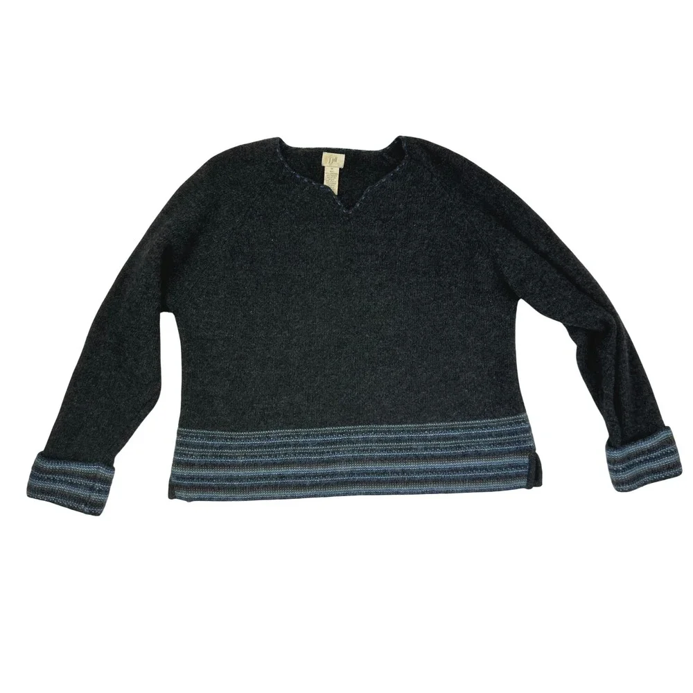 VTG J‎ Jill Charcoal Gray V Neck Sweater Striped Hem Lambswool Angora M
